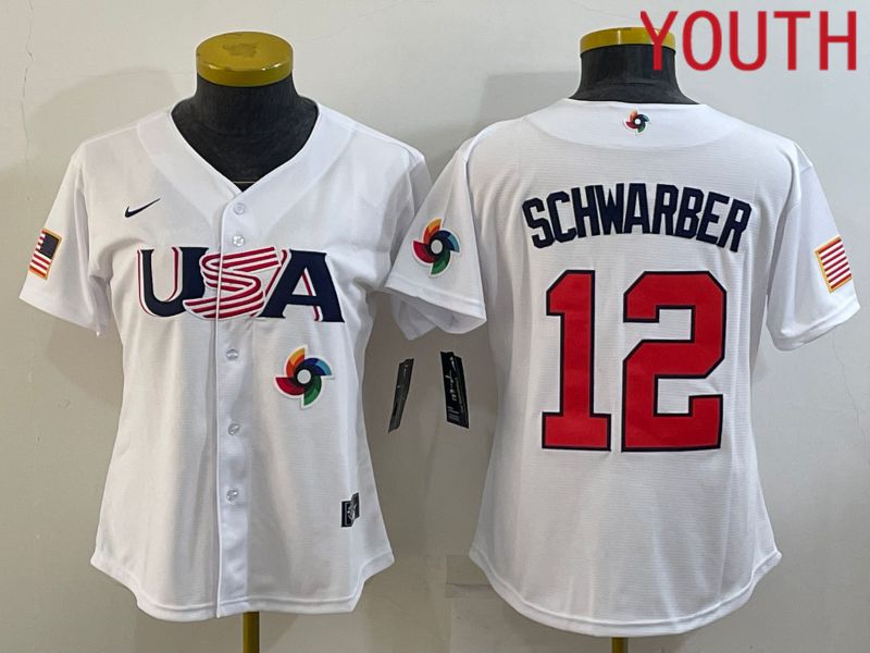 Youth 2023 World Cub USA #12 Schwarber White MLB Jersey10